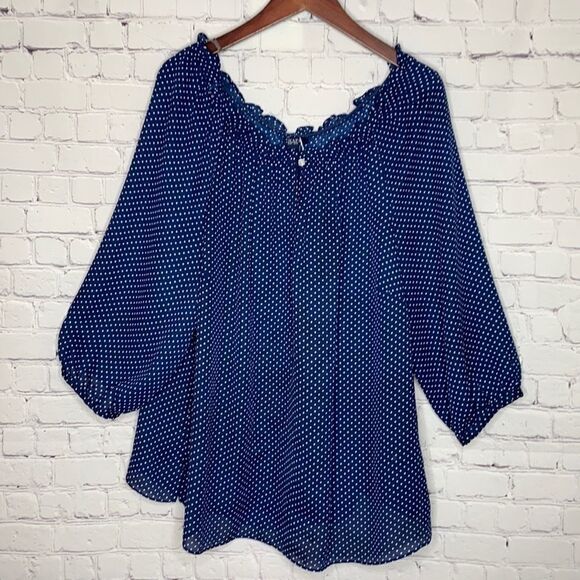 Chaps chiffon Off Shoulder Polka Dot Key Hole Blouse Top Navy 2X - Picture 2 of 9
